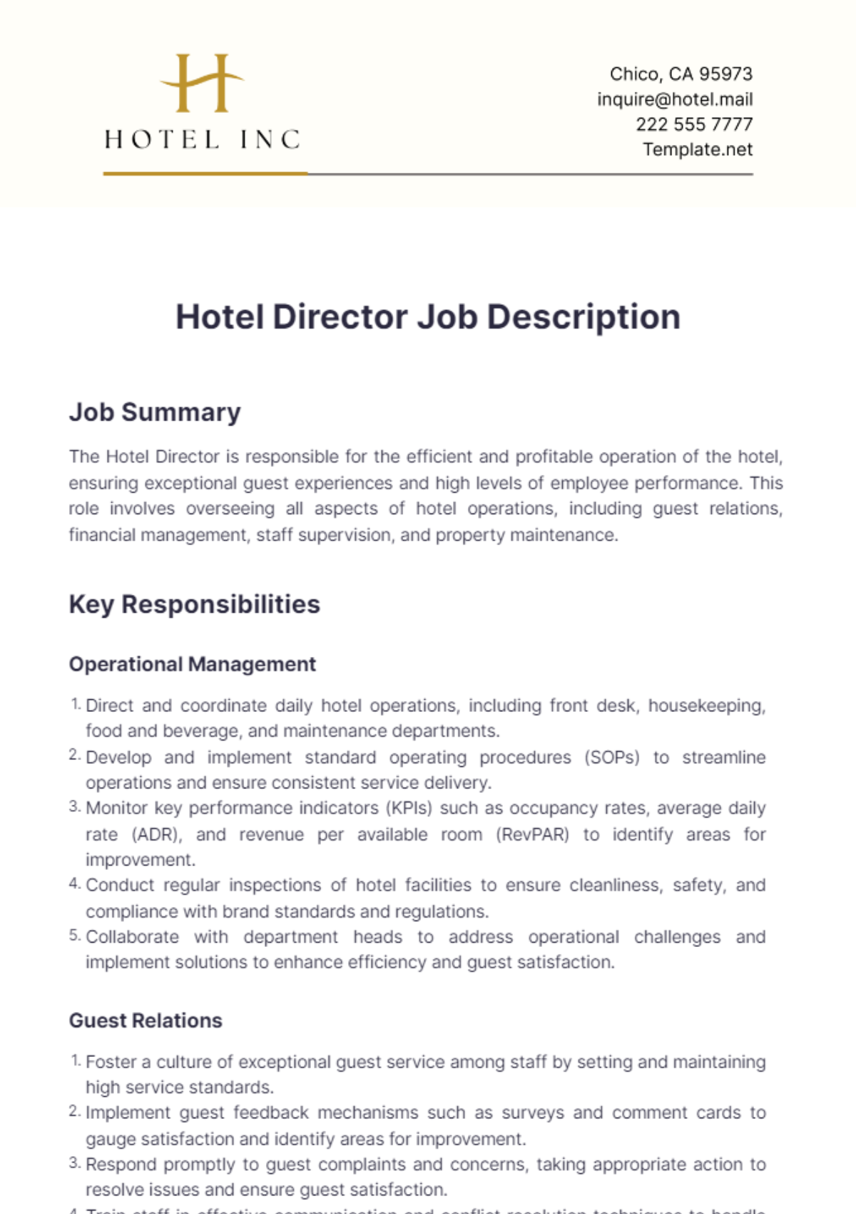 Hotel Director Job Description Template - Edit Online & Download