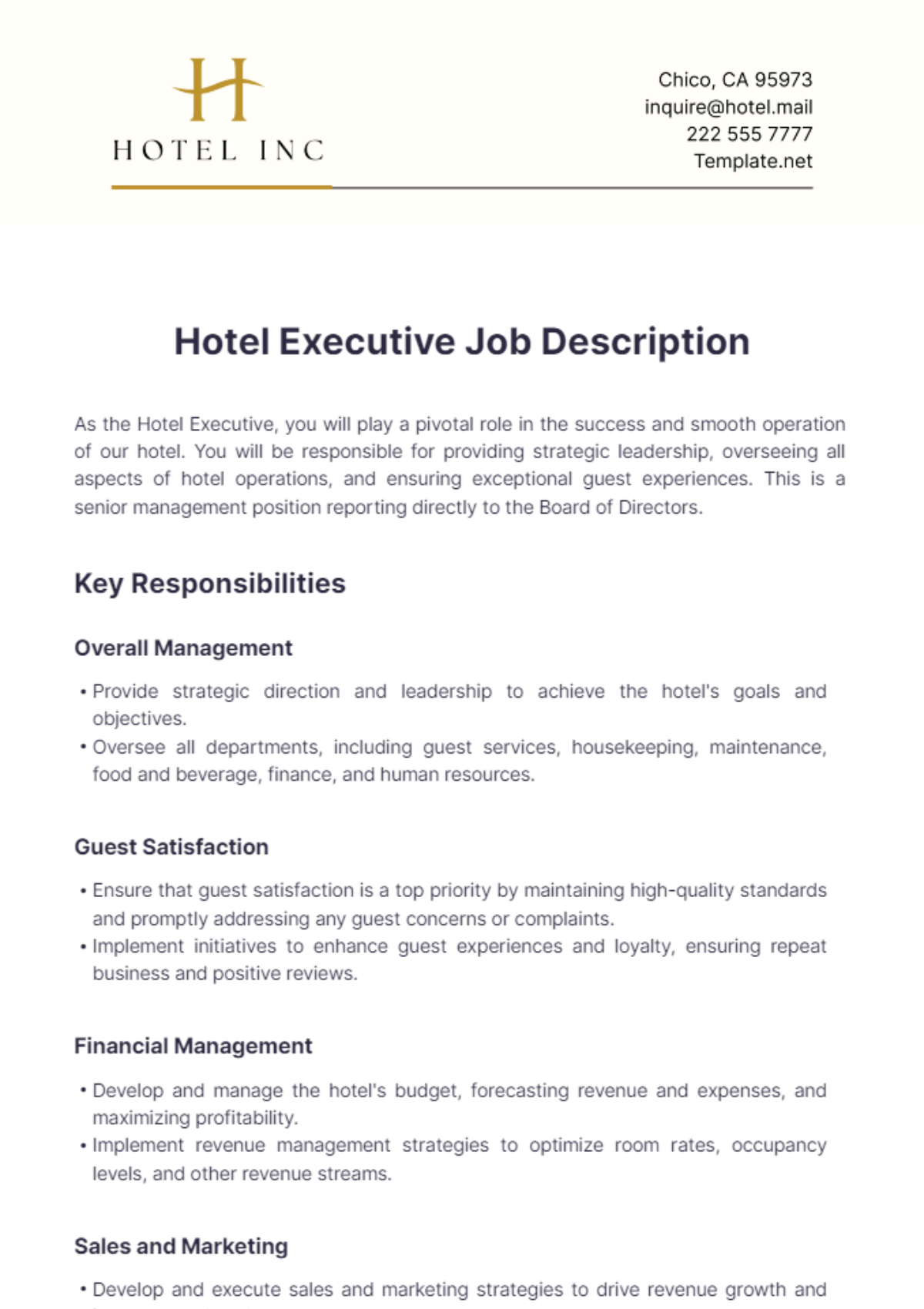 Hotel Executive Job Description Template - Edit Online & Download