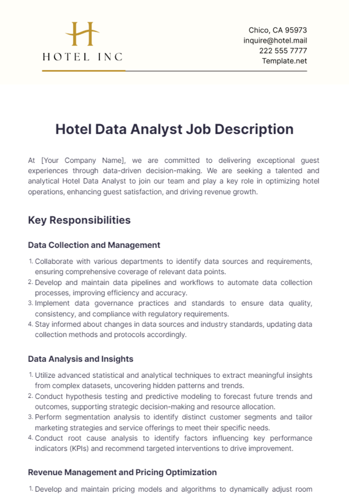 Hotel Data Analyst Job Description Template - Edit Online & Download