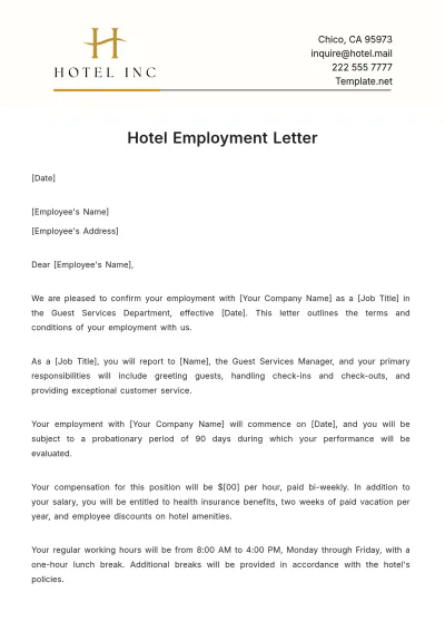Free Hotel Employment Letter Template to Edit Online
