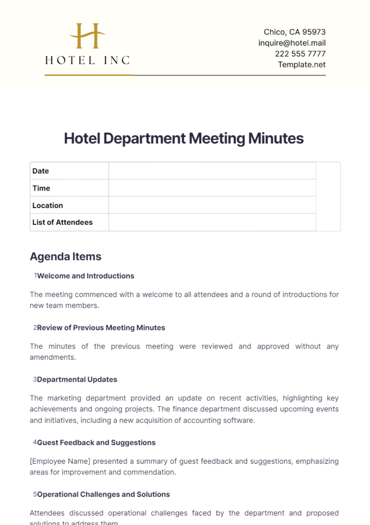 Hotel Department Meeting Minutes Template - Edit Online & Download