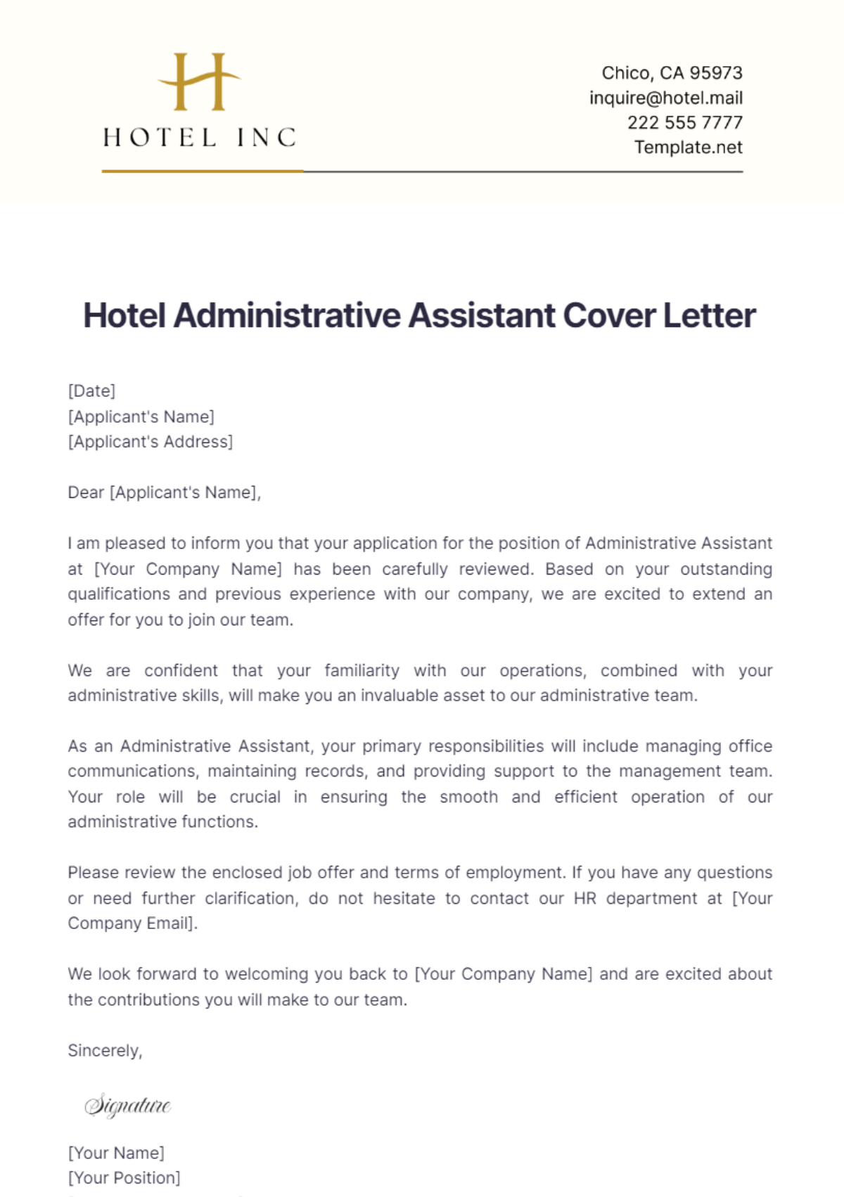 Hotel Administrative Assistant Cover Letter Template - Edit Online & Download