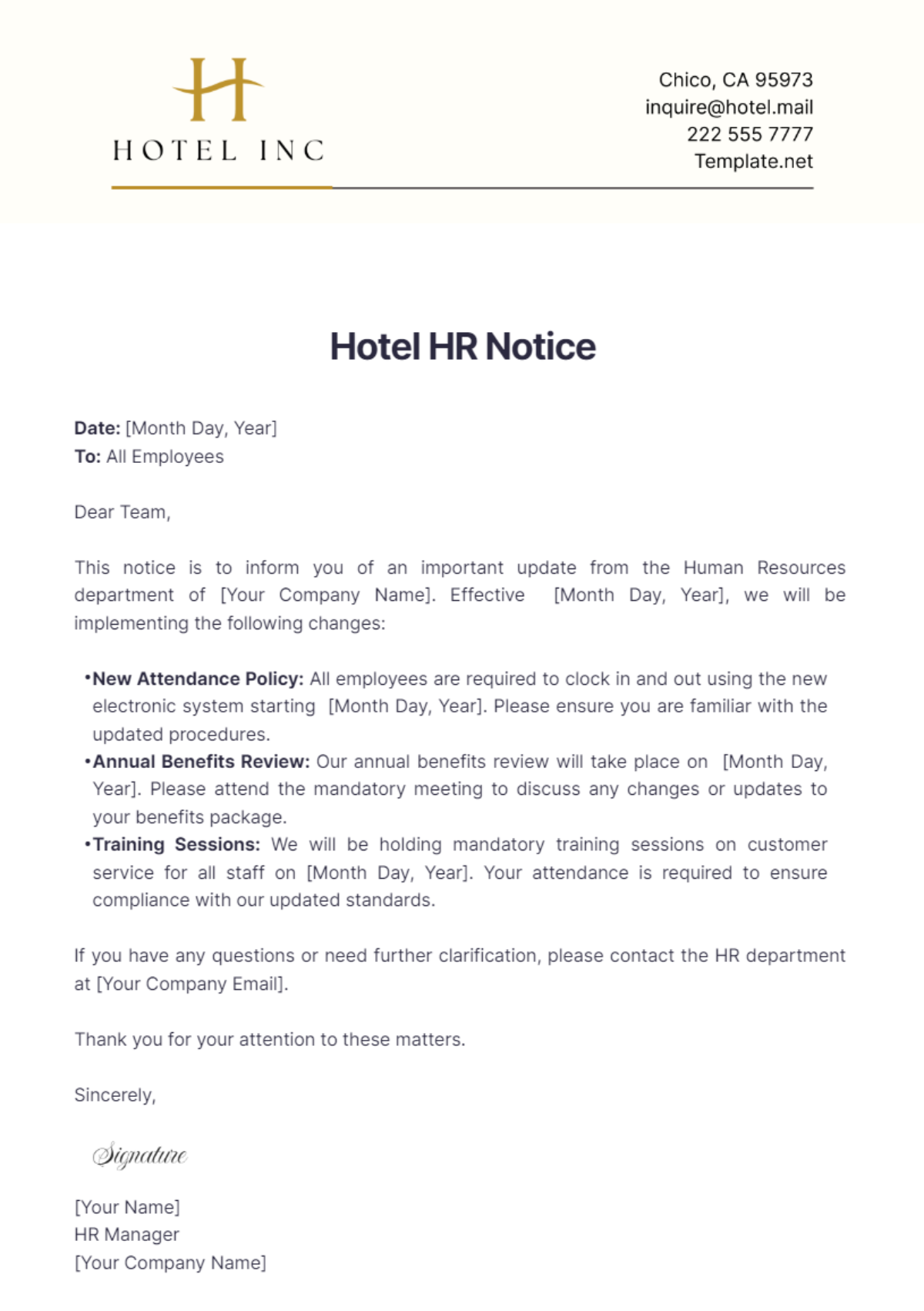 Hotel HR Notice Template - Edit Online & Download