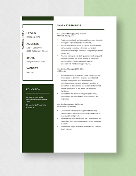Gas Station Manager Resume Template