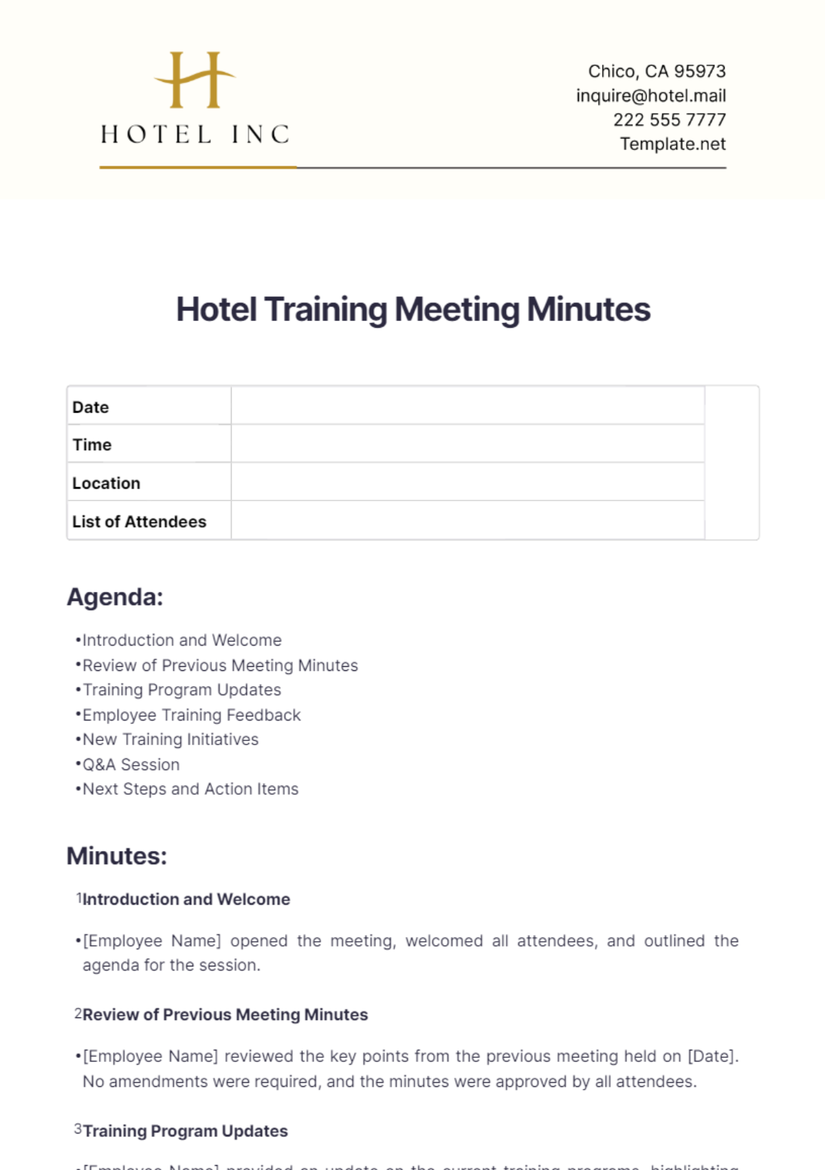 Hotel Training Meeting Minutes Template - Edit Online & Download