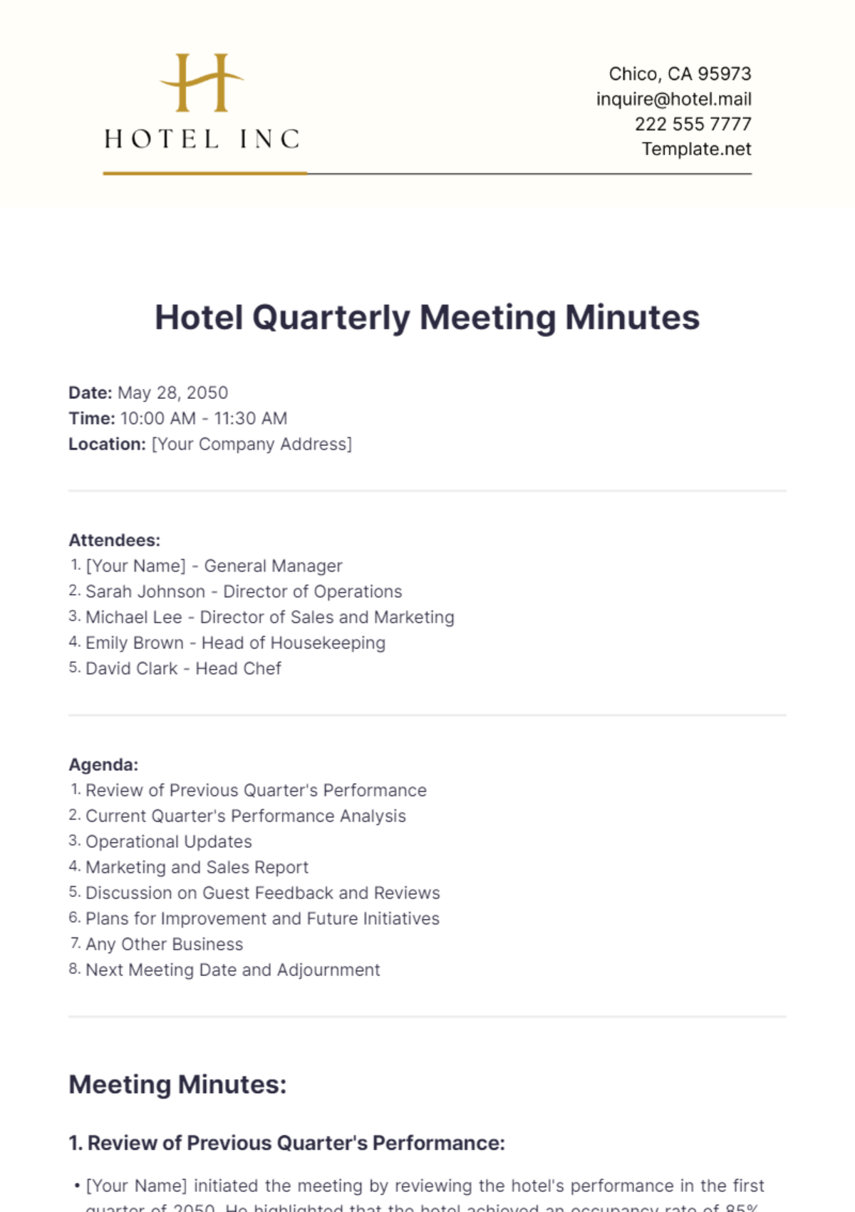 Hotel Quarterly Meeting Minutes Template - Edit Online & Download