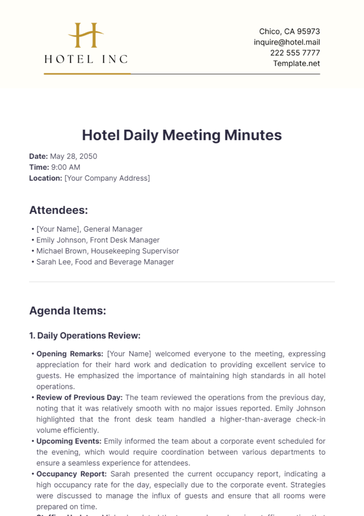 Hotel Daily Meeting Minutes Template - Edit Online & Download