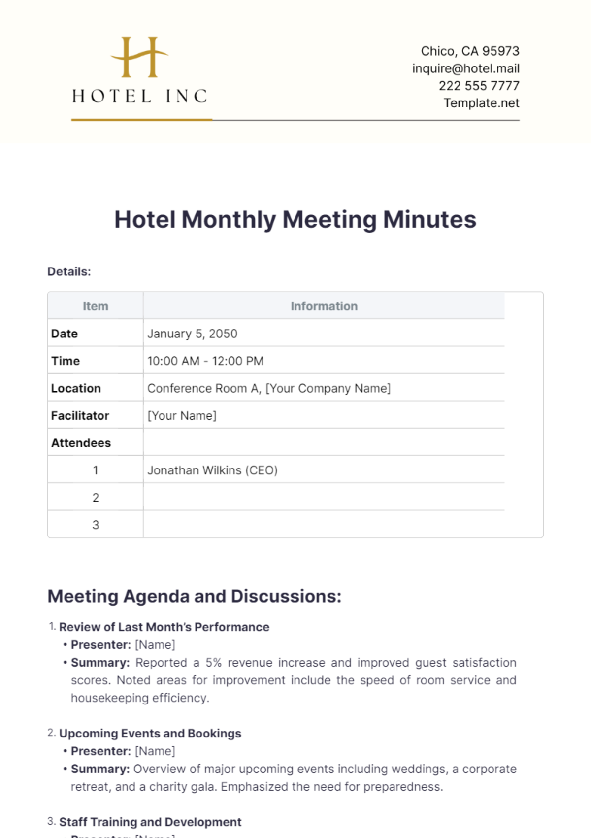 Hotel Monthly Meeting Minutes Template - Edit Online & Download