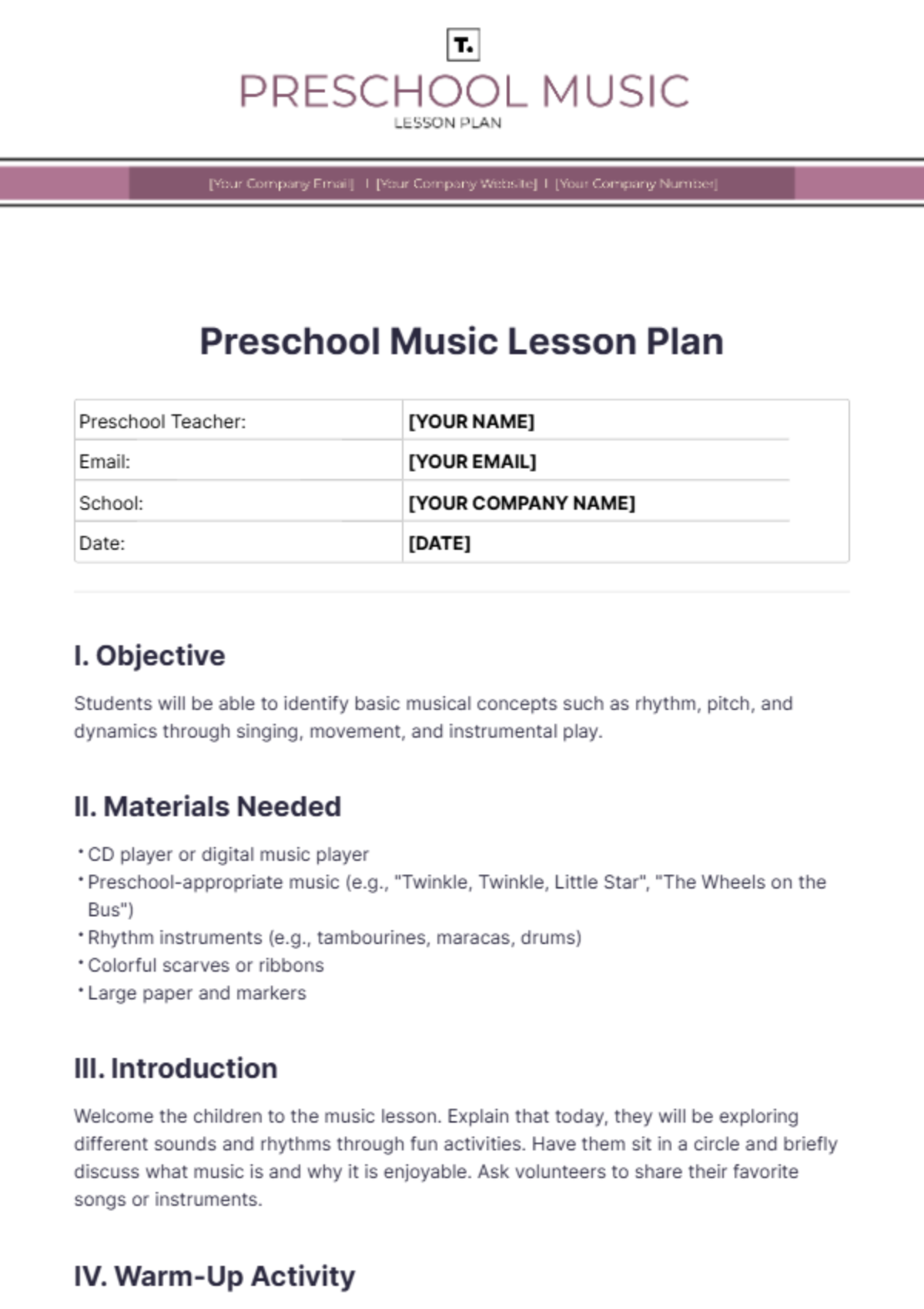 Free Preschool Music Lesson Plan Template