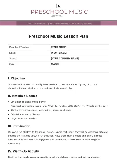 Free Preschool Music Lesson Plan Template to Edit Online