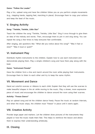 Free Preschool Music Lesson Plan Template to Edit Online