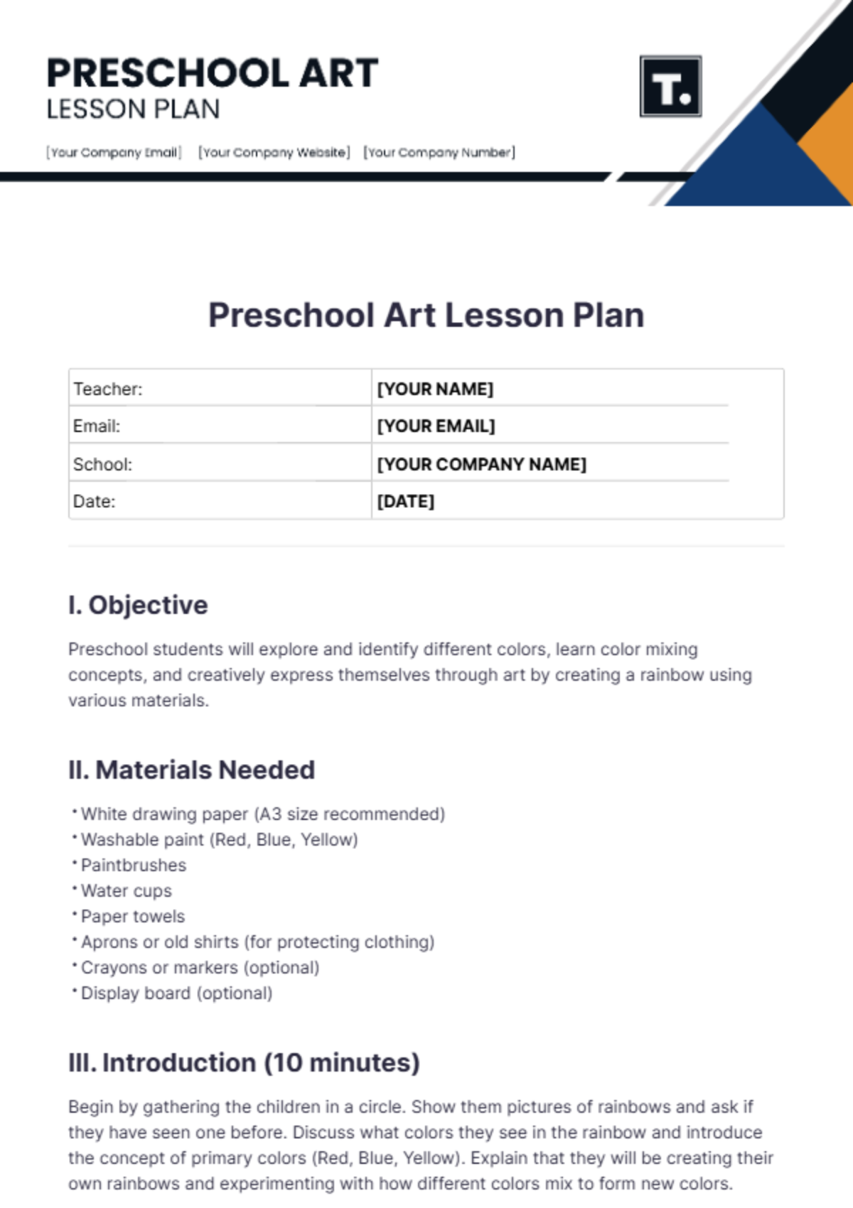 Free Preschool Art Lesson Plan Template