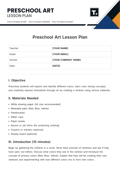 Free Preschool Art Lesson Plan Template to Edit Online