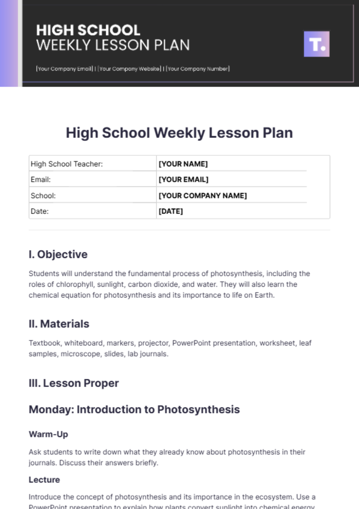 Free High School Weekly Lesson Plan Template