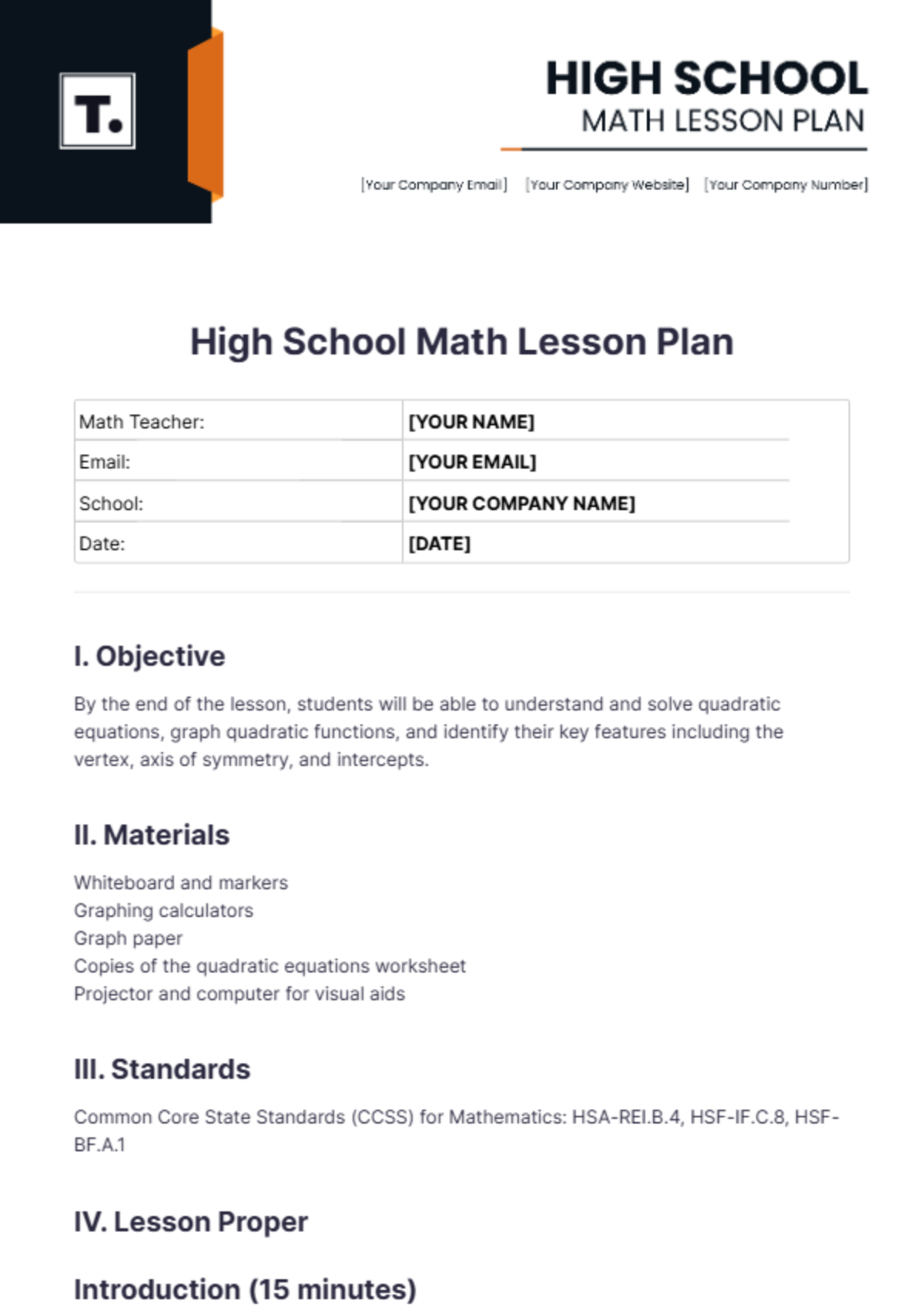Free High School Math Lesson Plan Template