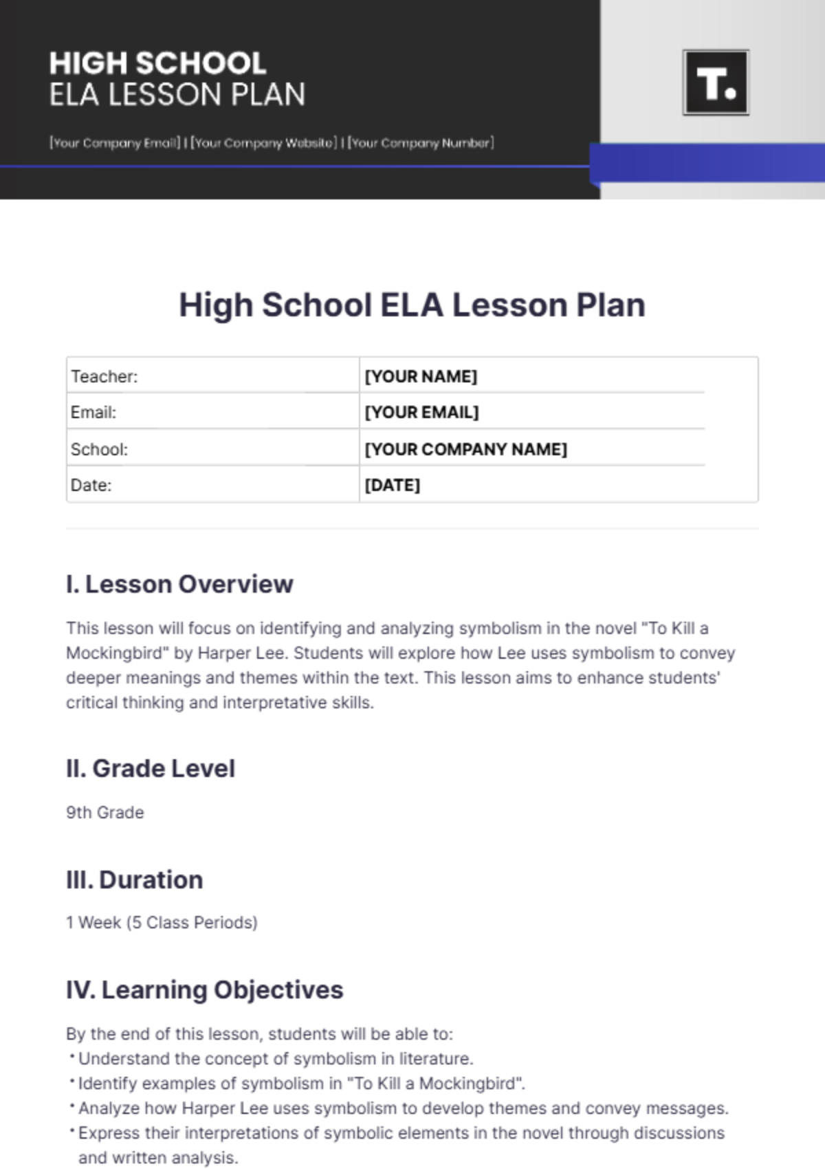 Free High School ELA Lesson Plan Template