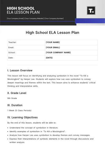 Free High School ELA Lesson Plan Template to Edit Online