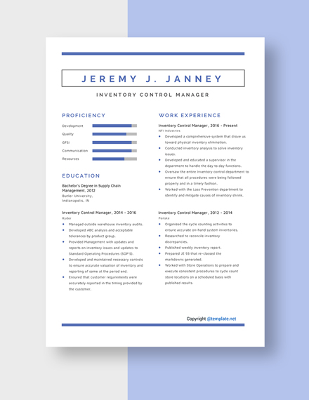 Inventory Control Manager Resume Template - Word, Apple Pages ...