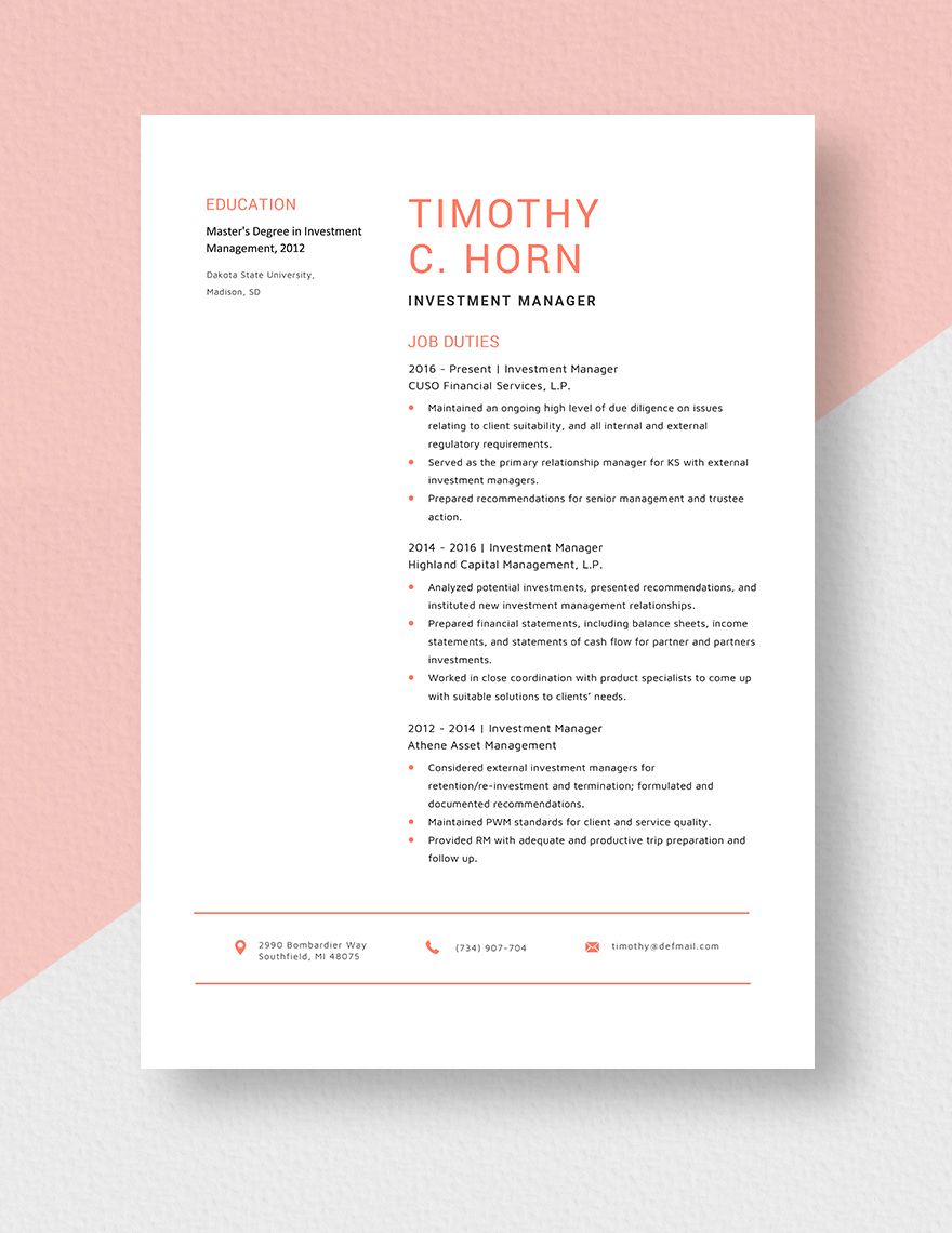 Investment Manager Resume