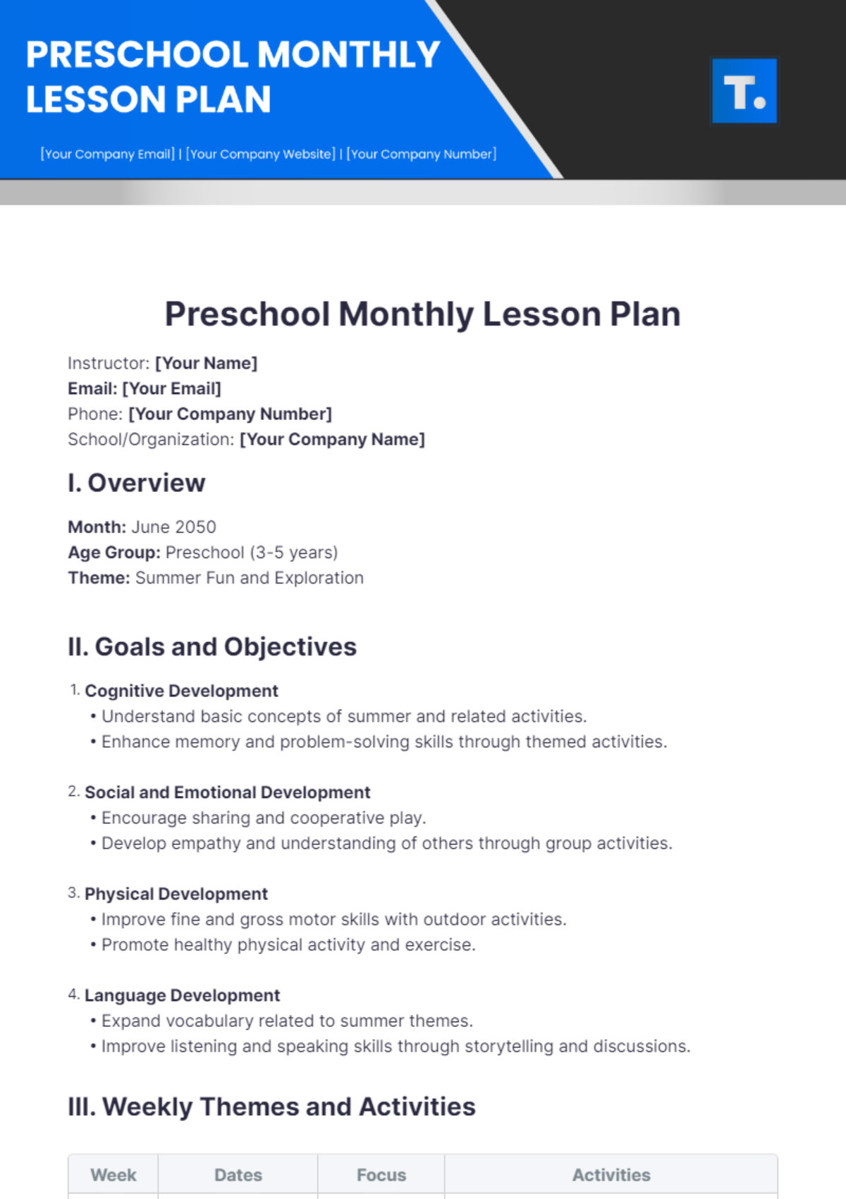 Free Preschool Monthly Lesson Plan Template