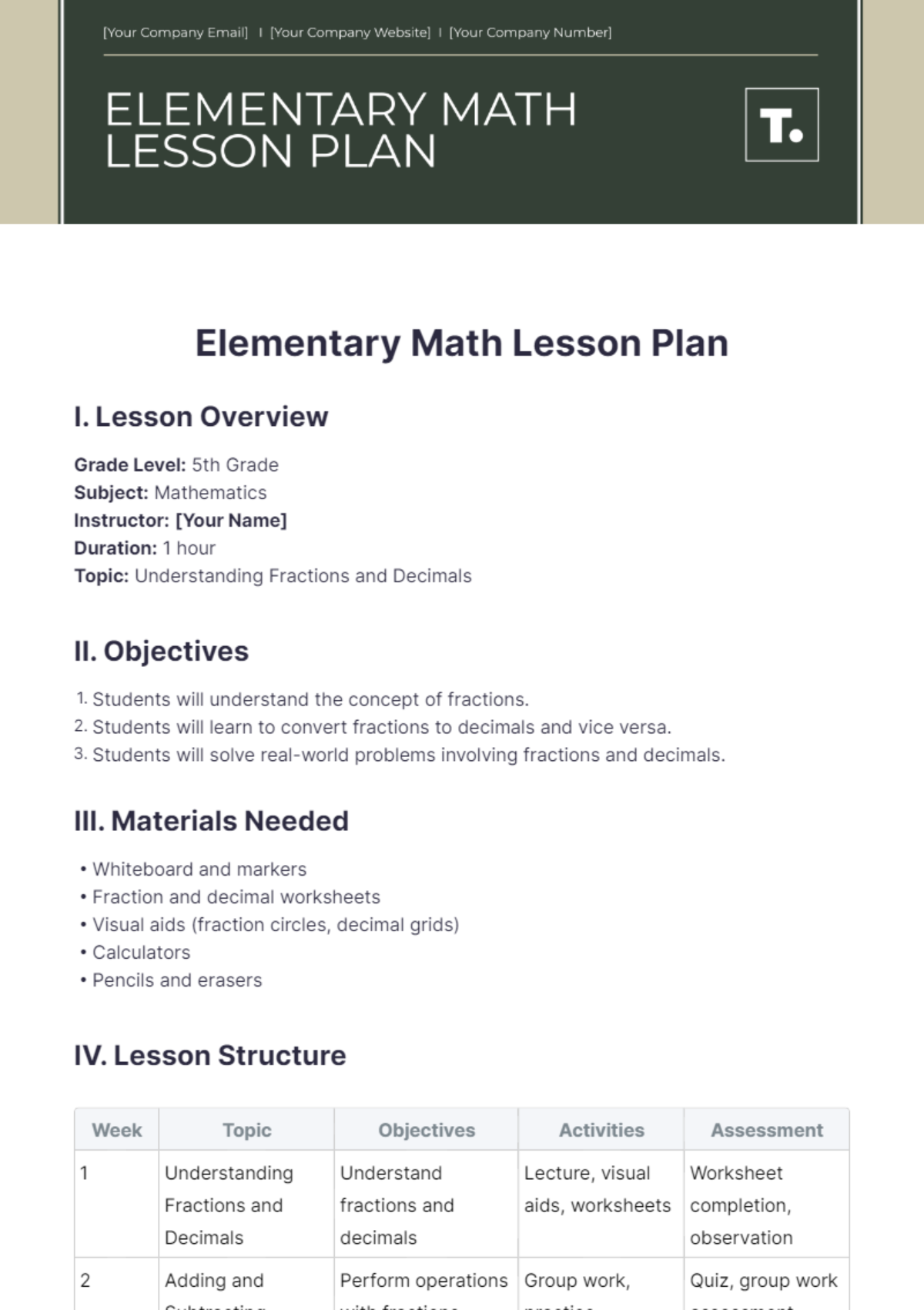 Free Elementary Math Lesson Plan Template
