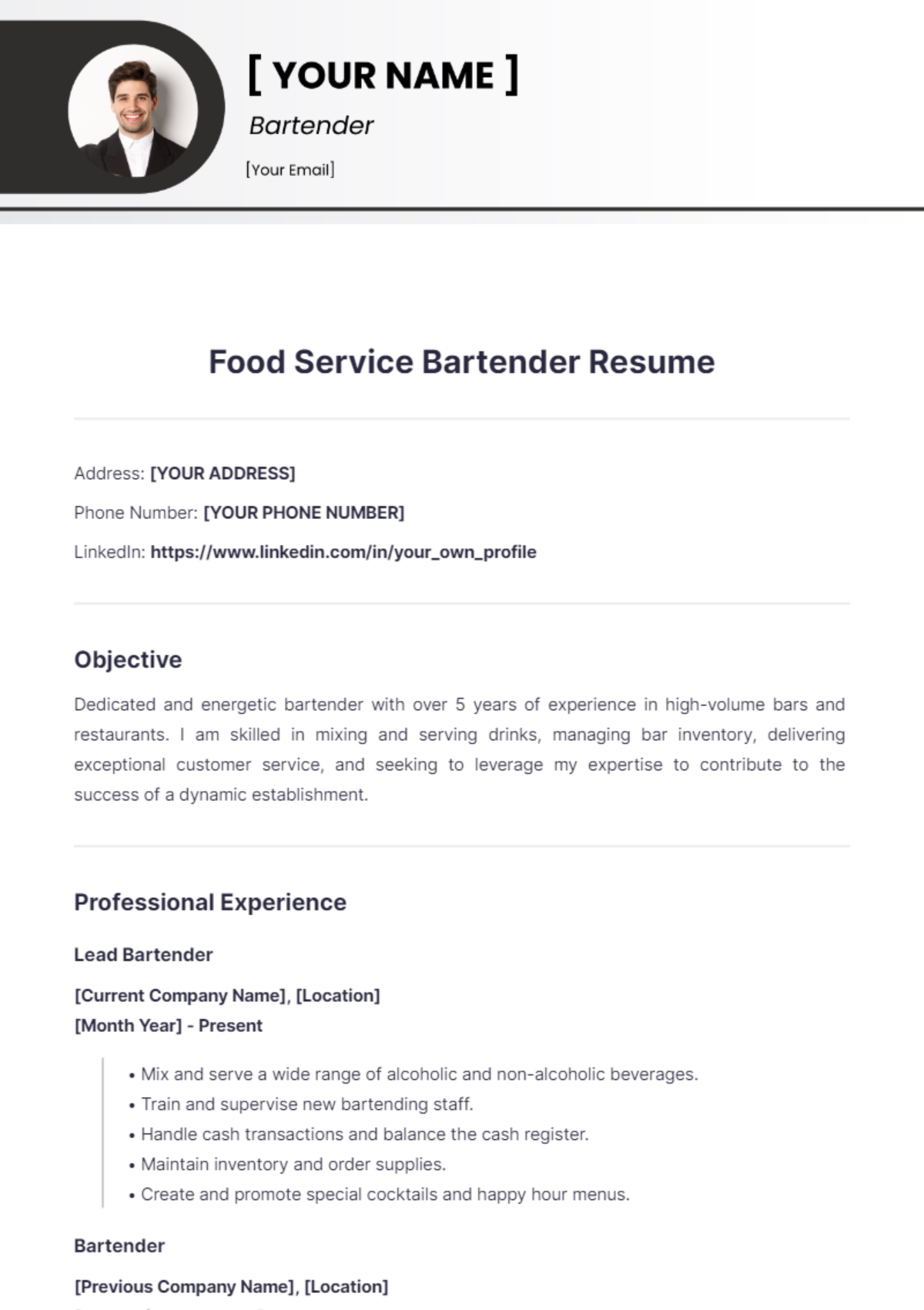 Food Service Bartender Resume - Edit Online & Download