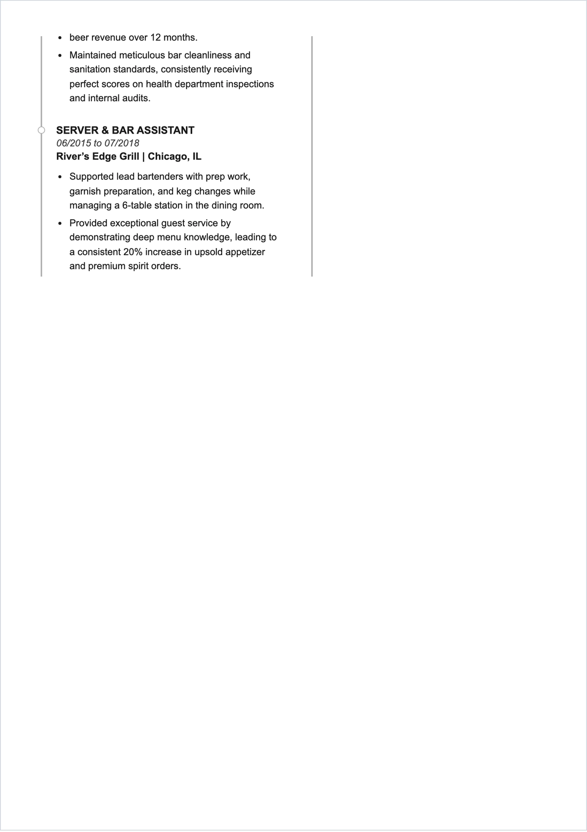 Free Food Service Bartender ATS Resume Template, AI Resume Builder