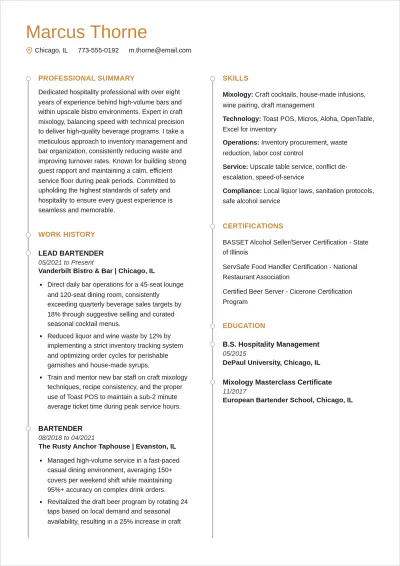 Free Food Service Bartender ATS Resume Template, AI Resume Builder