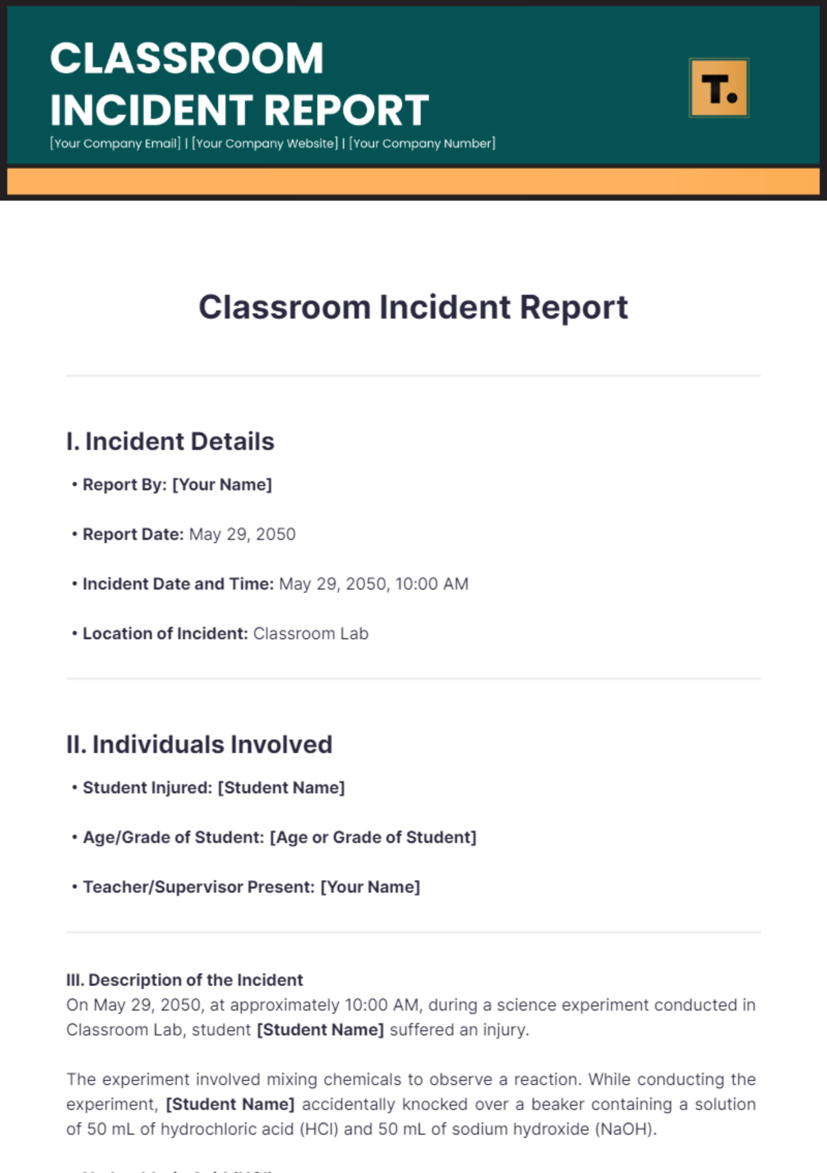 Classroom Incident Report Template - Edit Online & Download