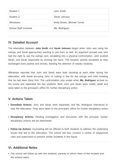 Free Middle School Incident Report Template to Edit Online