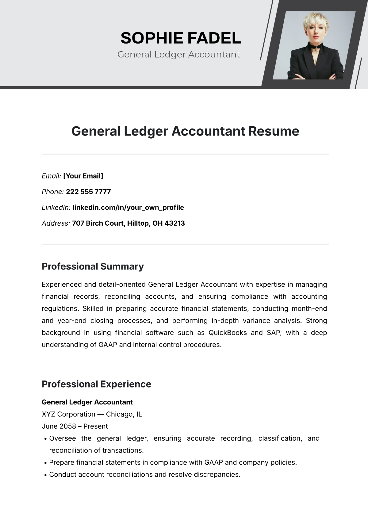 General Ledger Accountant Resume Template - Edit Online & Download