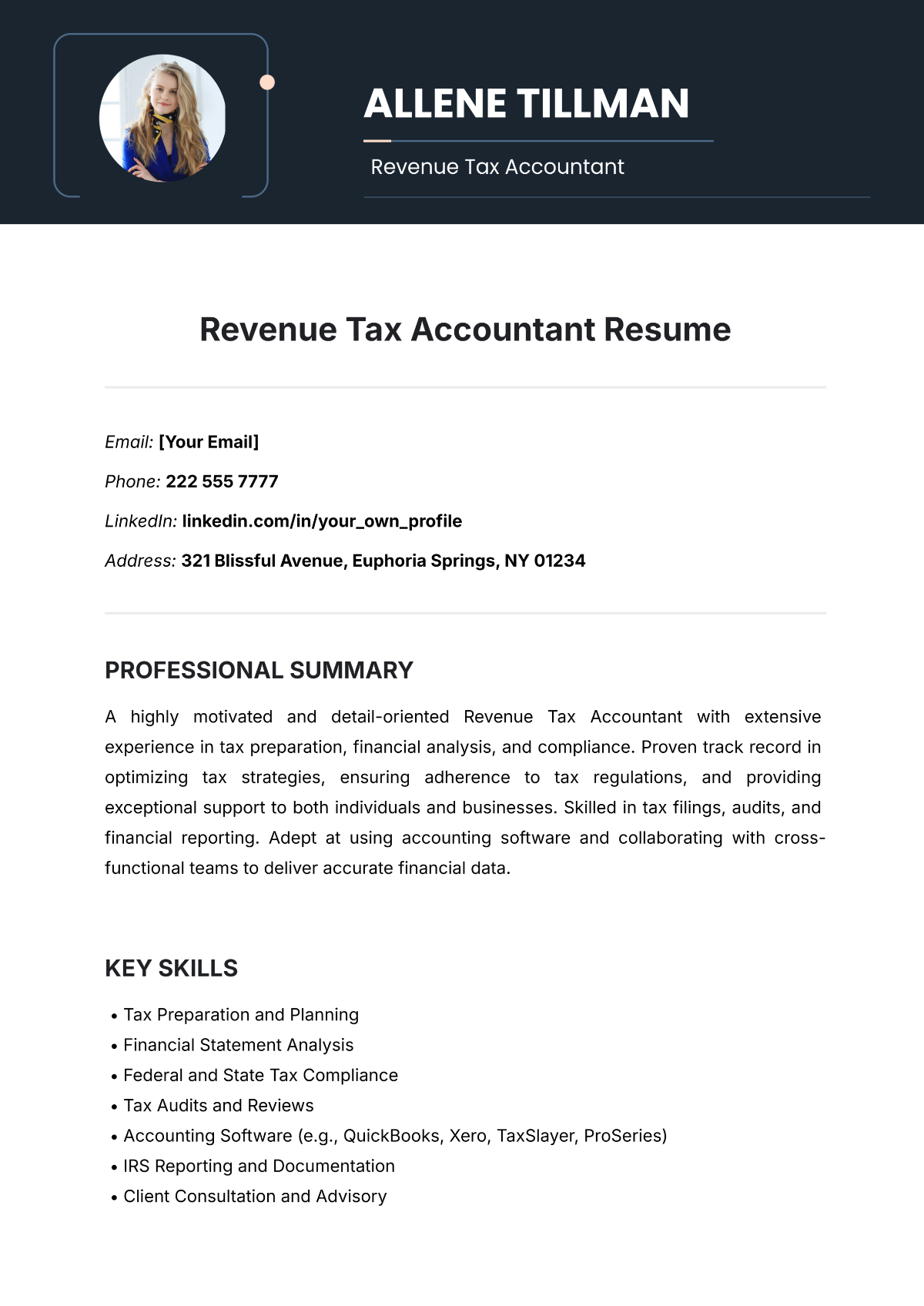 Revenue Tax Accountant Resume Template - Edit Online & Download