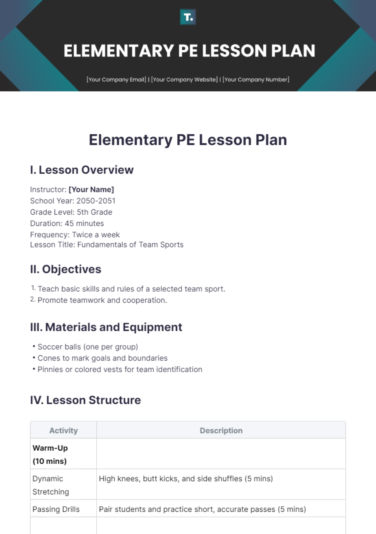 Free Elementary PE Lesson Plan Template