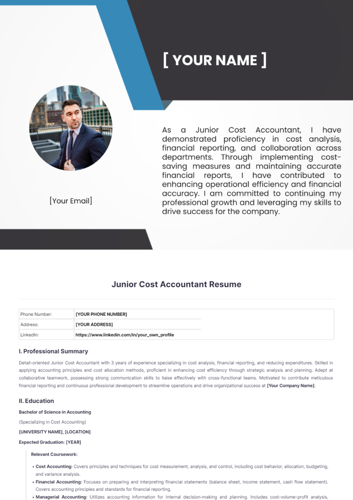 Junior Cost Accountant Resume - Edit Online & Download