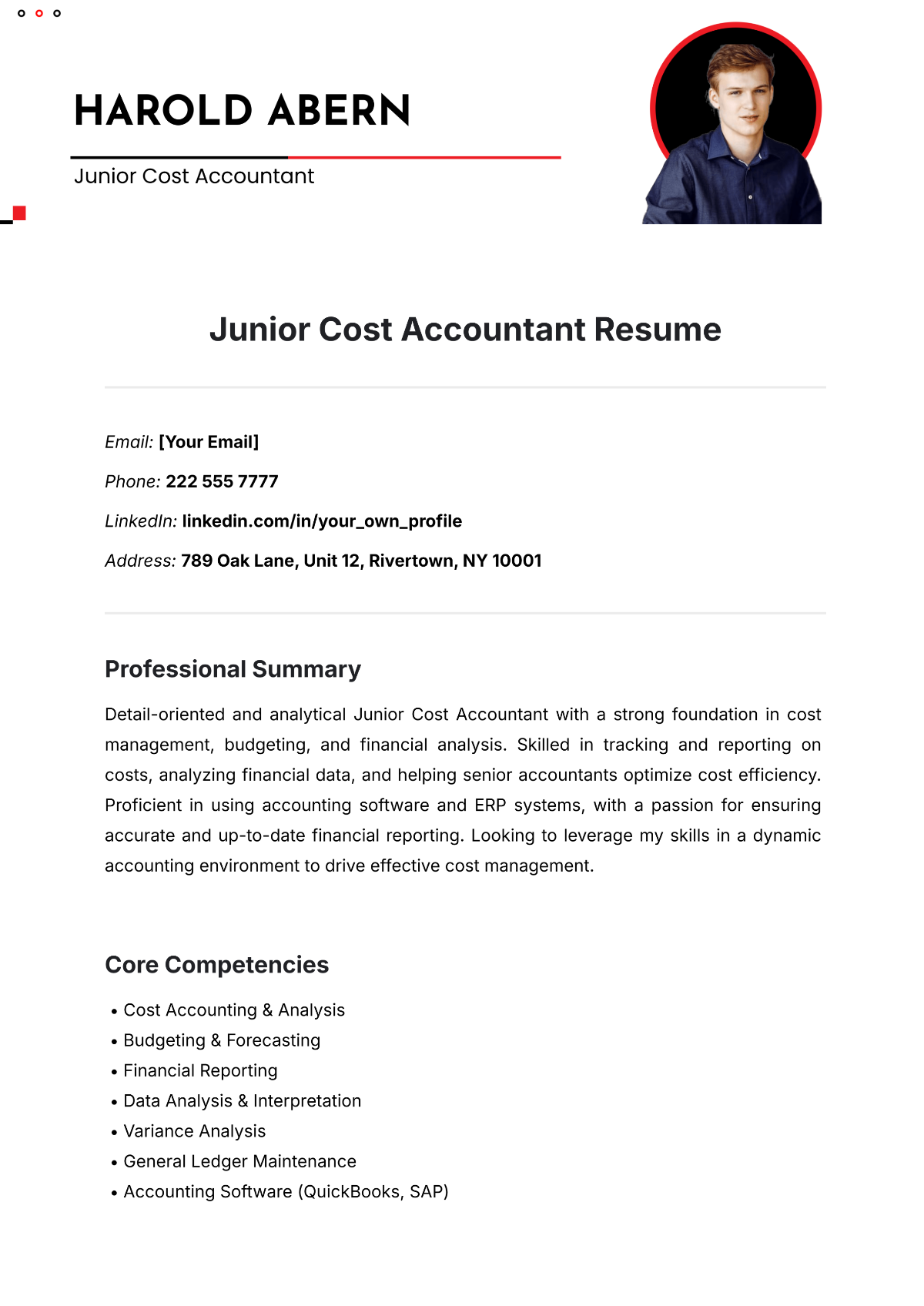 Junior Cost Accountant Resume Template - Edit Online & Download