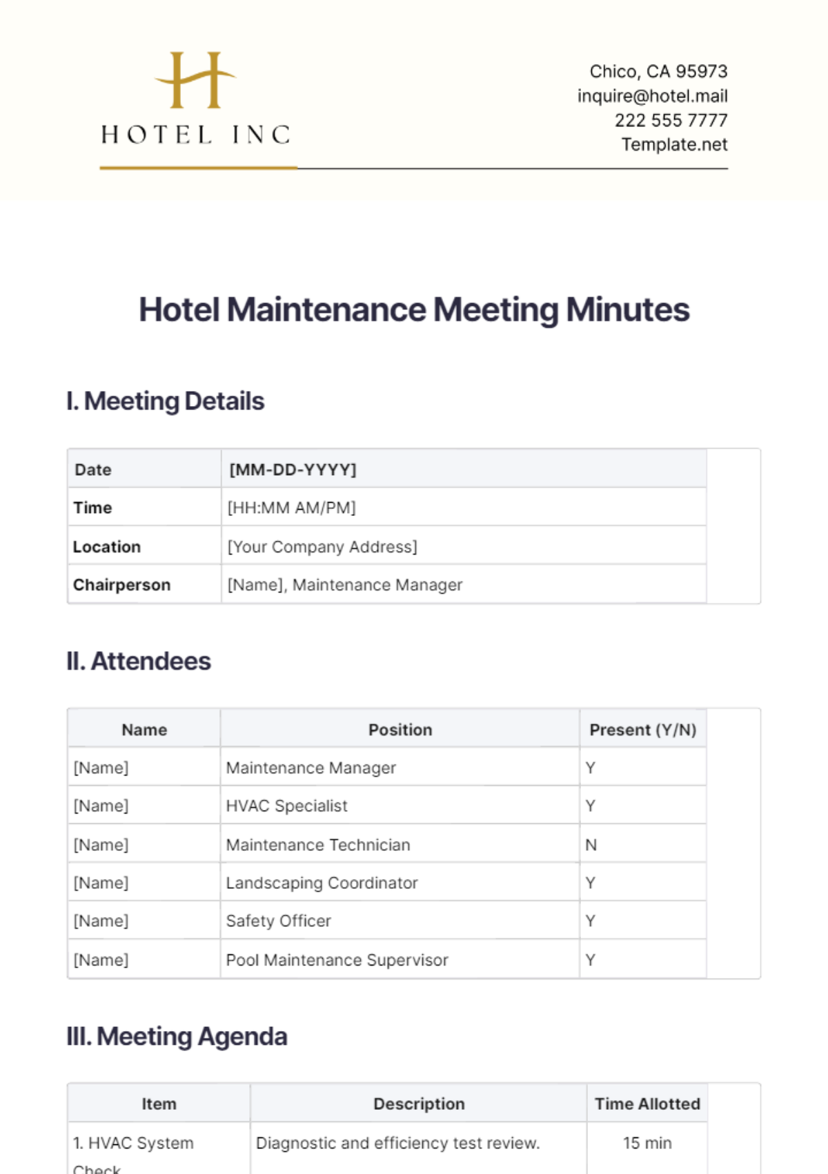 Hotel Maintenance Meeting Minutes Template - Edit Online & Download