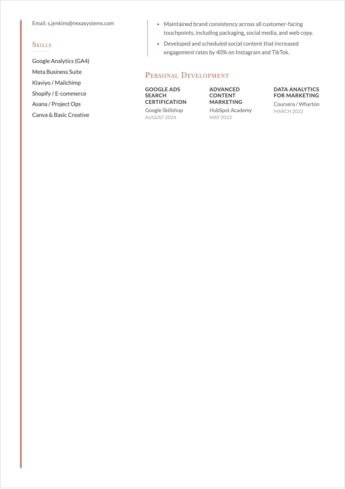 Free Marketing Generalist ATS Resume Template, AI Resume Builder