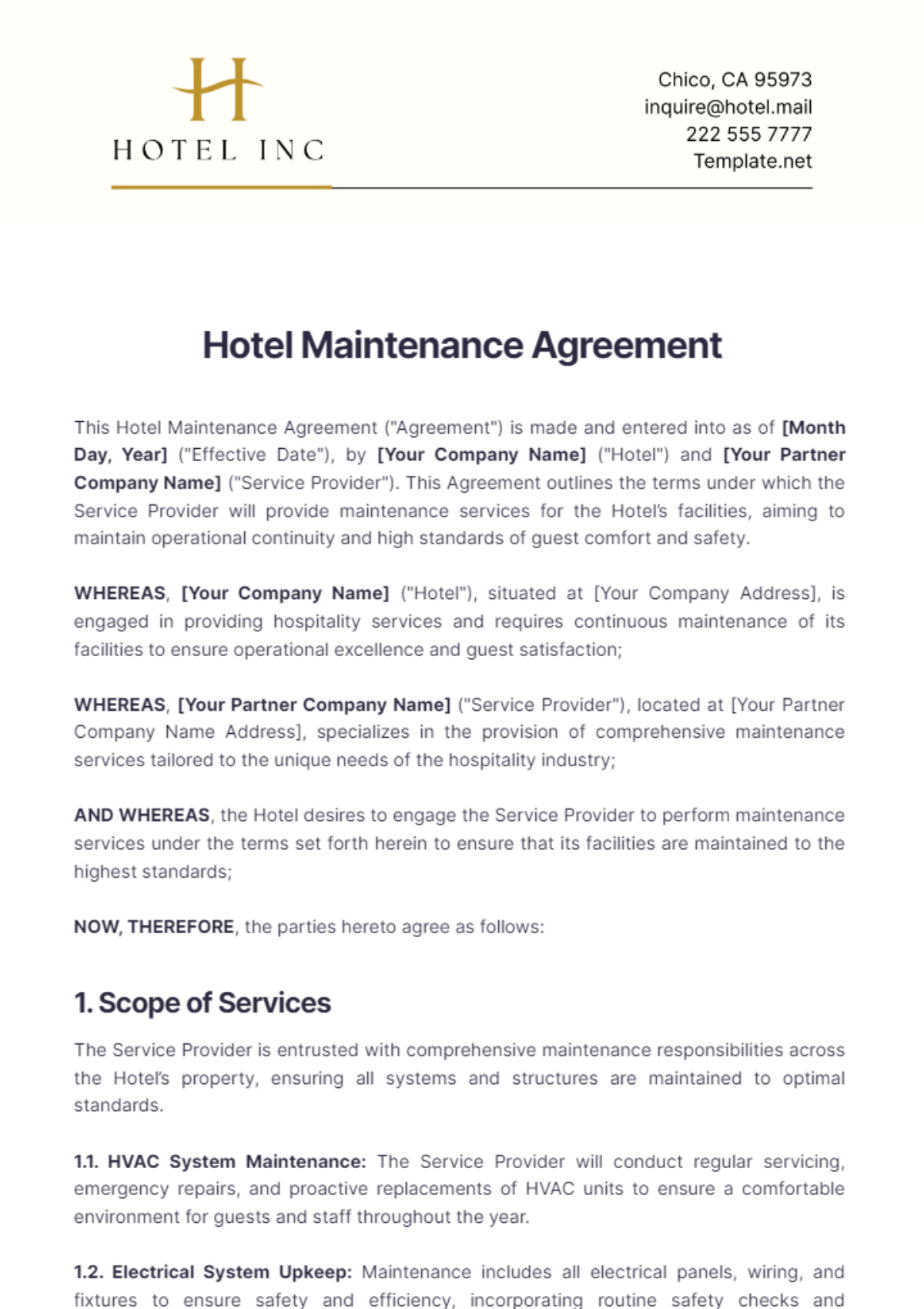 Hotel Maintenance Agreement Template - Edit Online & Download