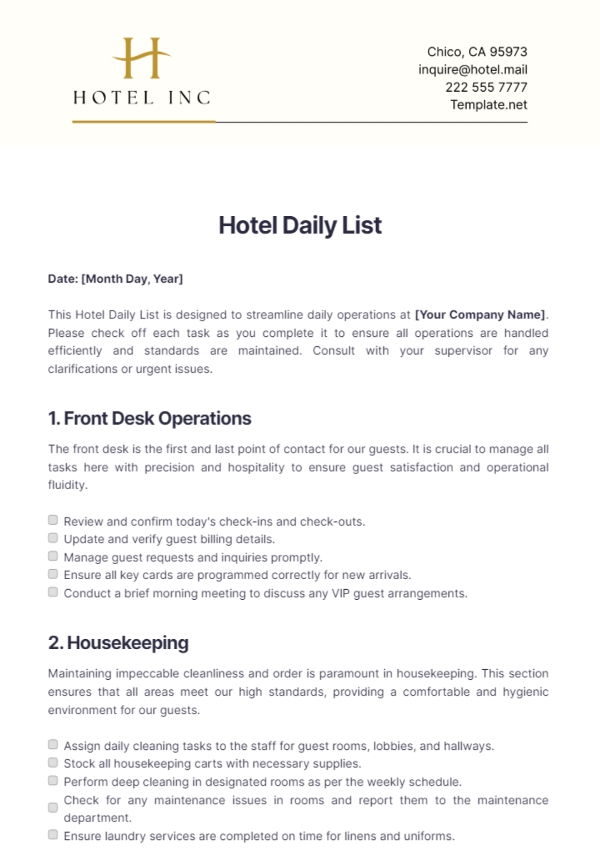 Hotel Daily List Template - Edit Online & Download