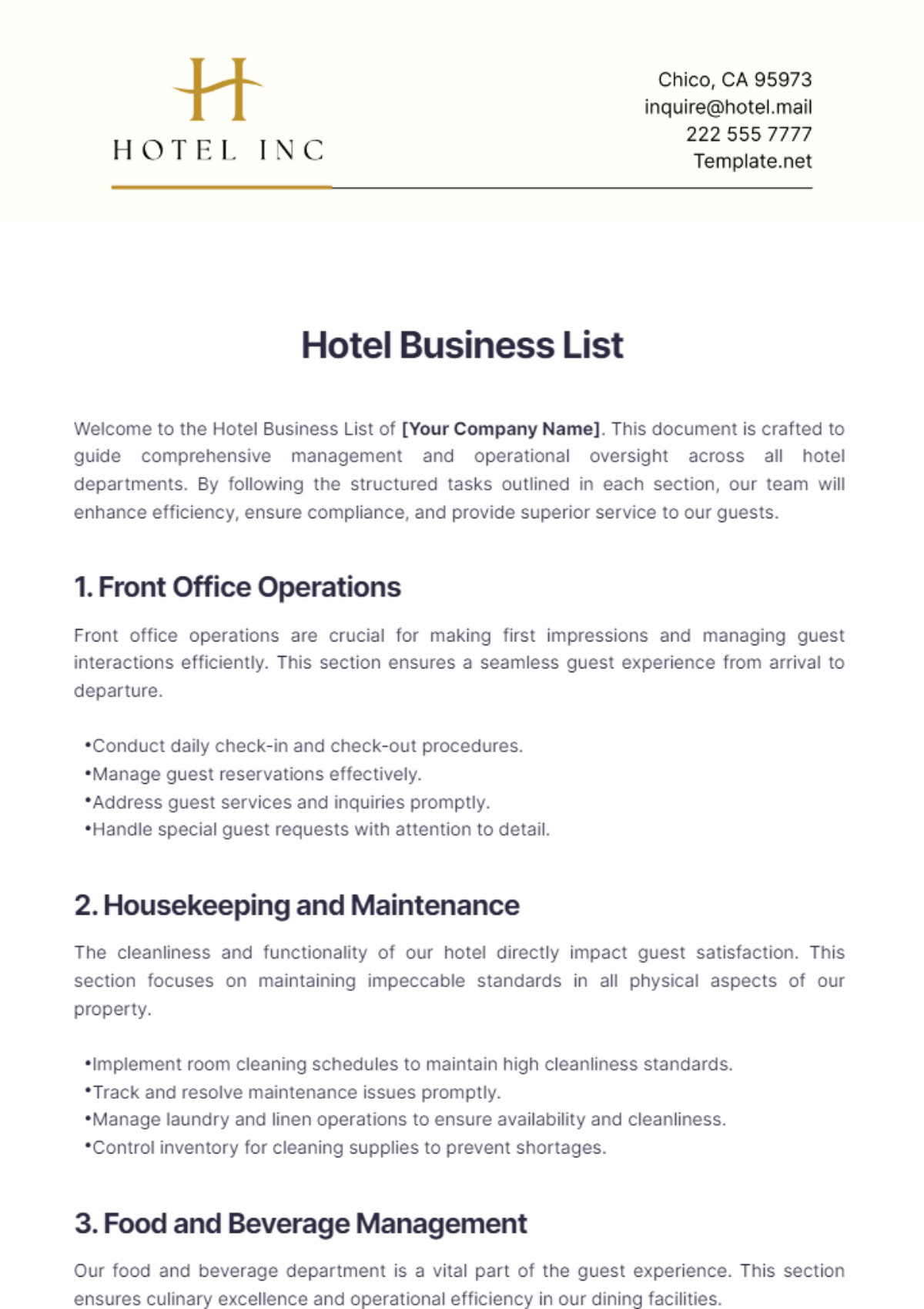 Hotel Business List Template - Edit Online & Download