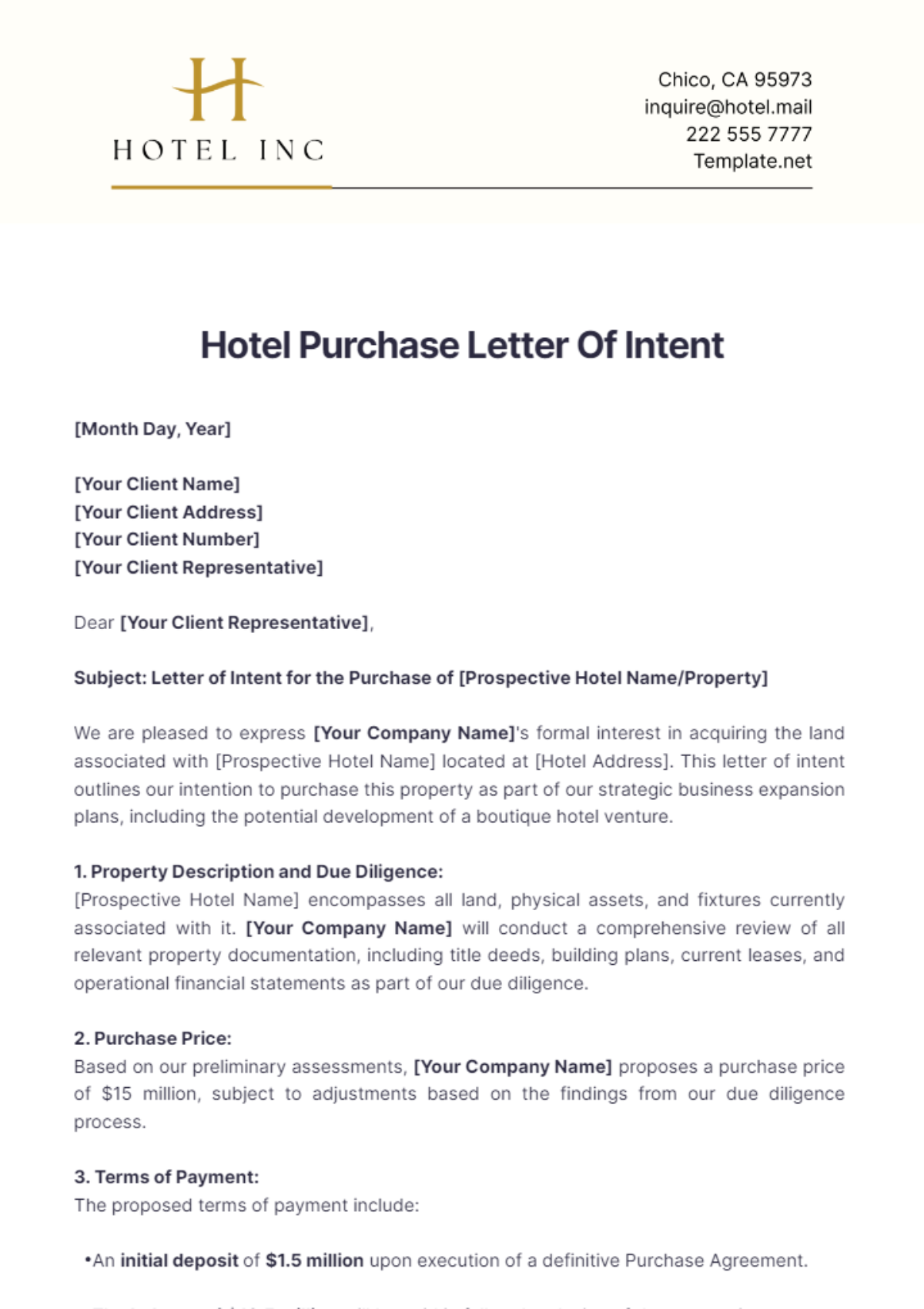 Hotel Purchase Letter Of Intent Template - Edit Online & Download