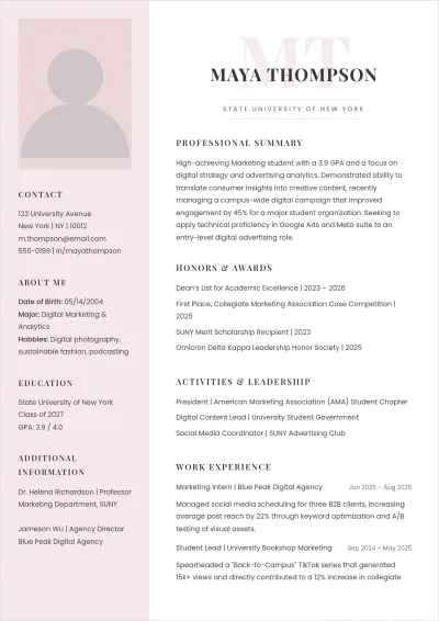 Free Marketing Student ATS Resume Template, AI Resume Builder