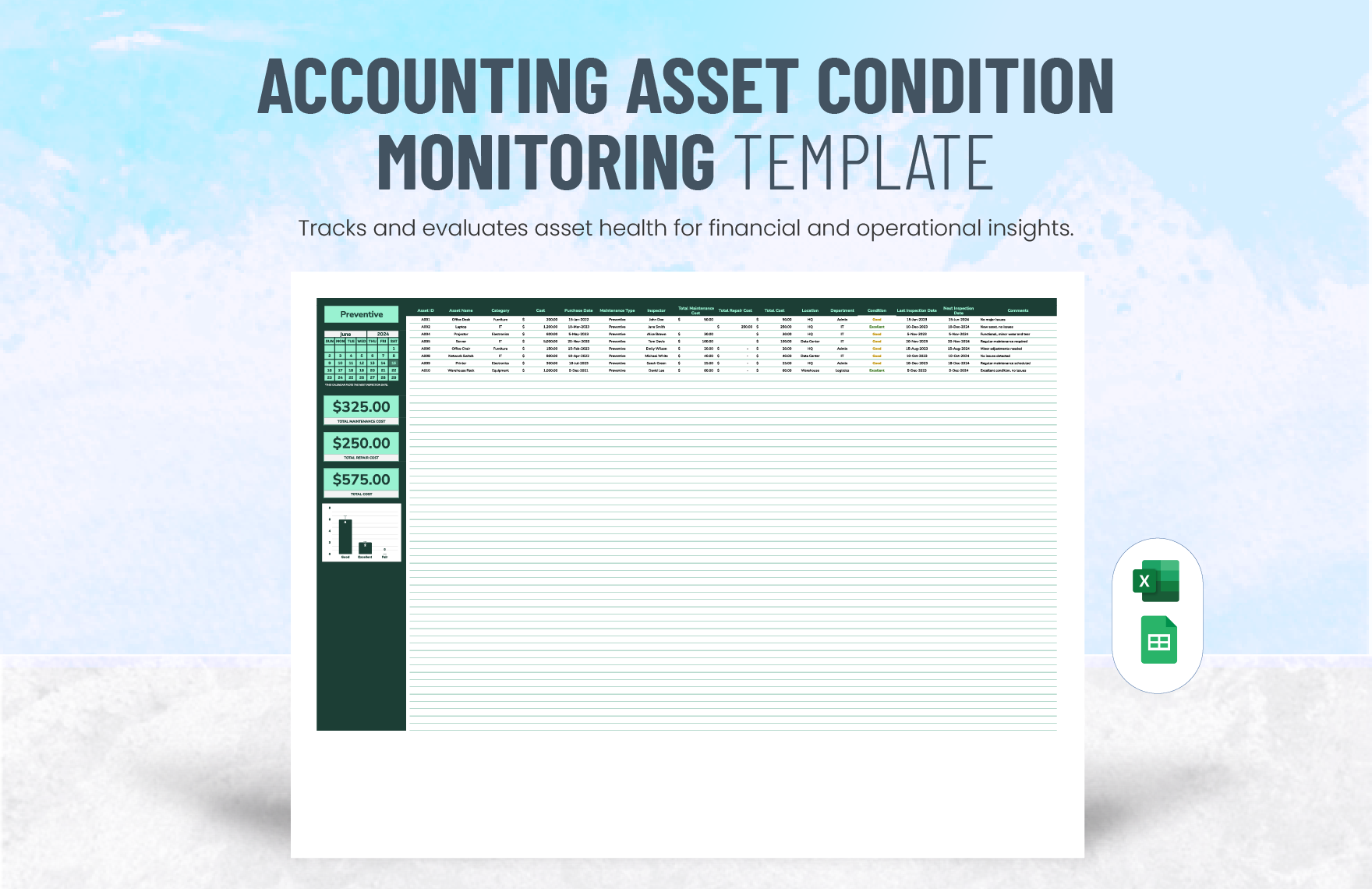 Accounting Asset Condition Monitoring Template in Excel, Google Sheets
