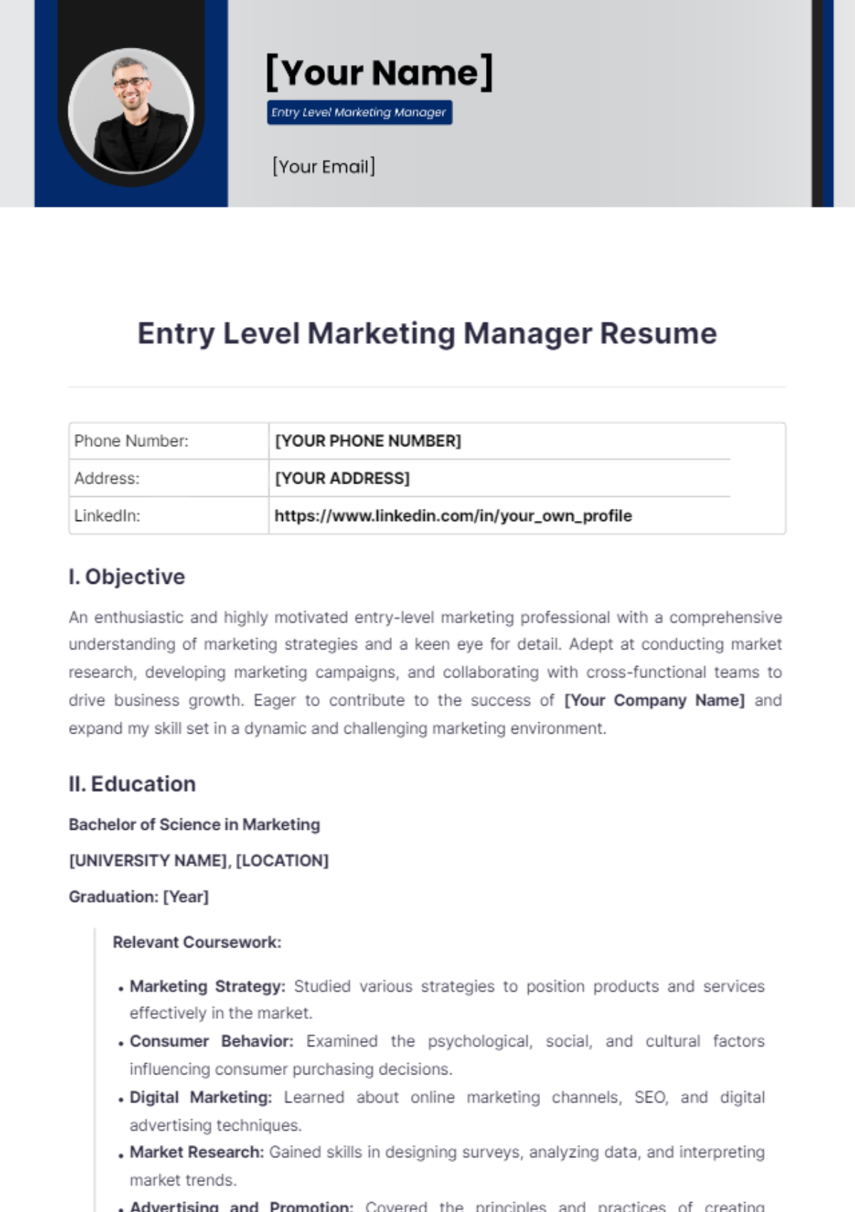 Entry Level Marketing Manager Resume - Edit Online & Download