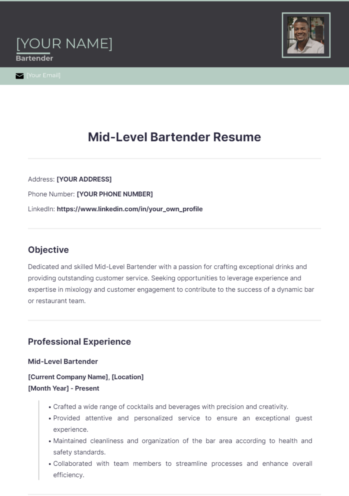 Mid-Level Bartender Resume - Edit Online & Download