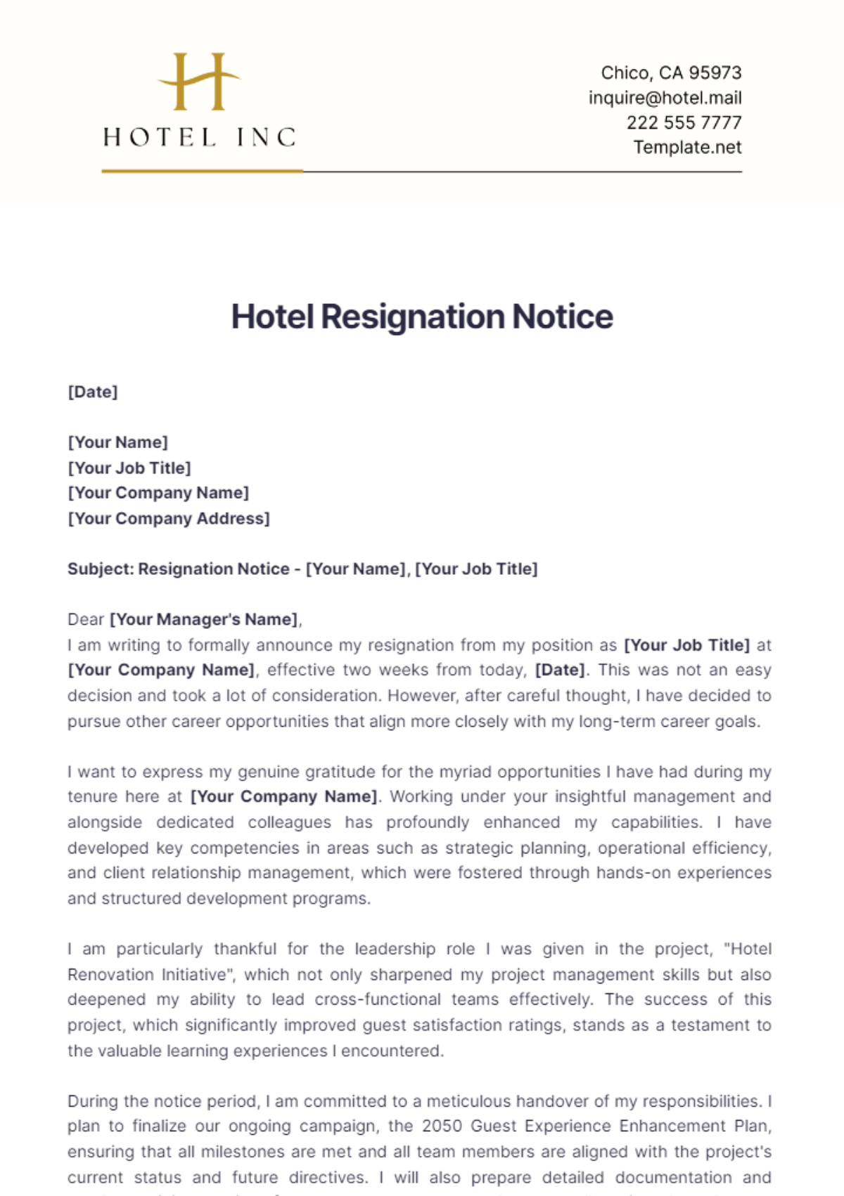 Hotel Resignation Notice Template - Edit Online & Download