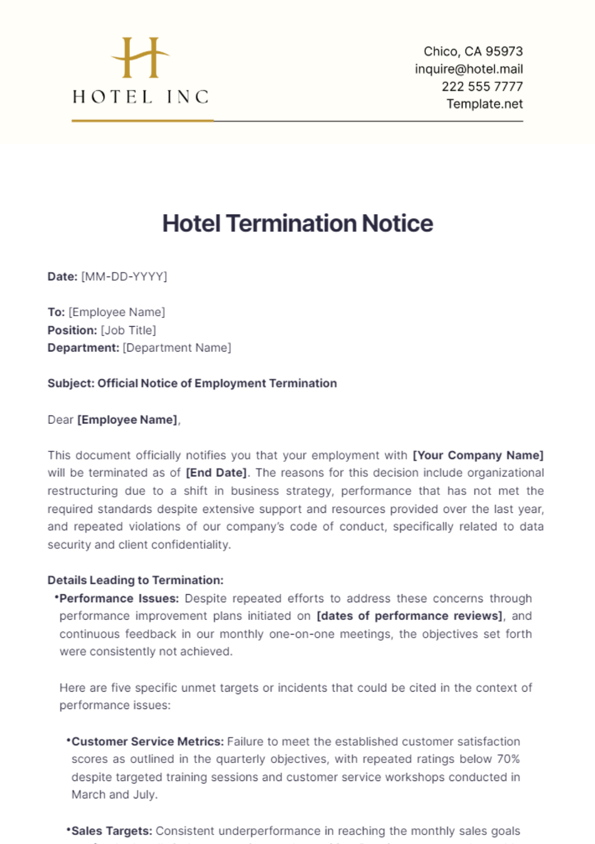 Hotel Termination Notice Template - Edit Online & Download