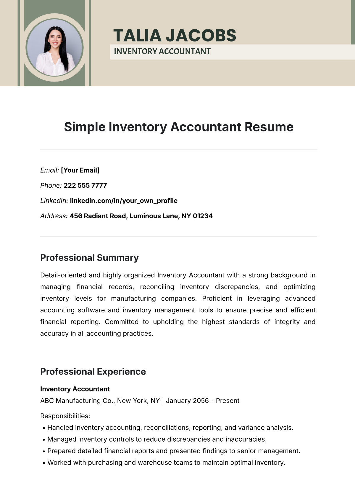 Simple Inventory Accountant Resume Template - Edit Online & Download