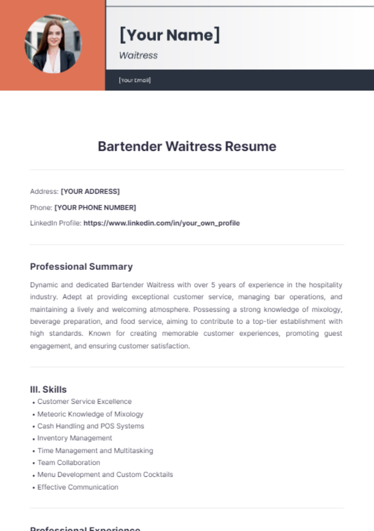 Bartender Waitress Resume - Edit Online & Download