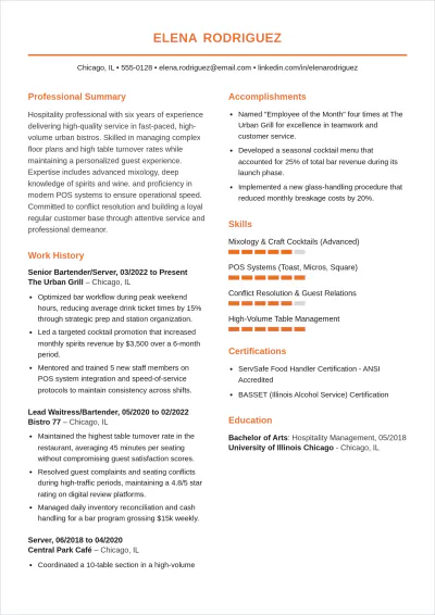 Free Bartender Waitress ATS Resume Template, AI Resume Builder